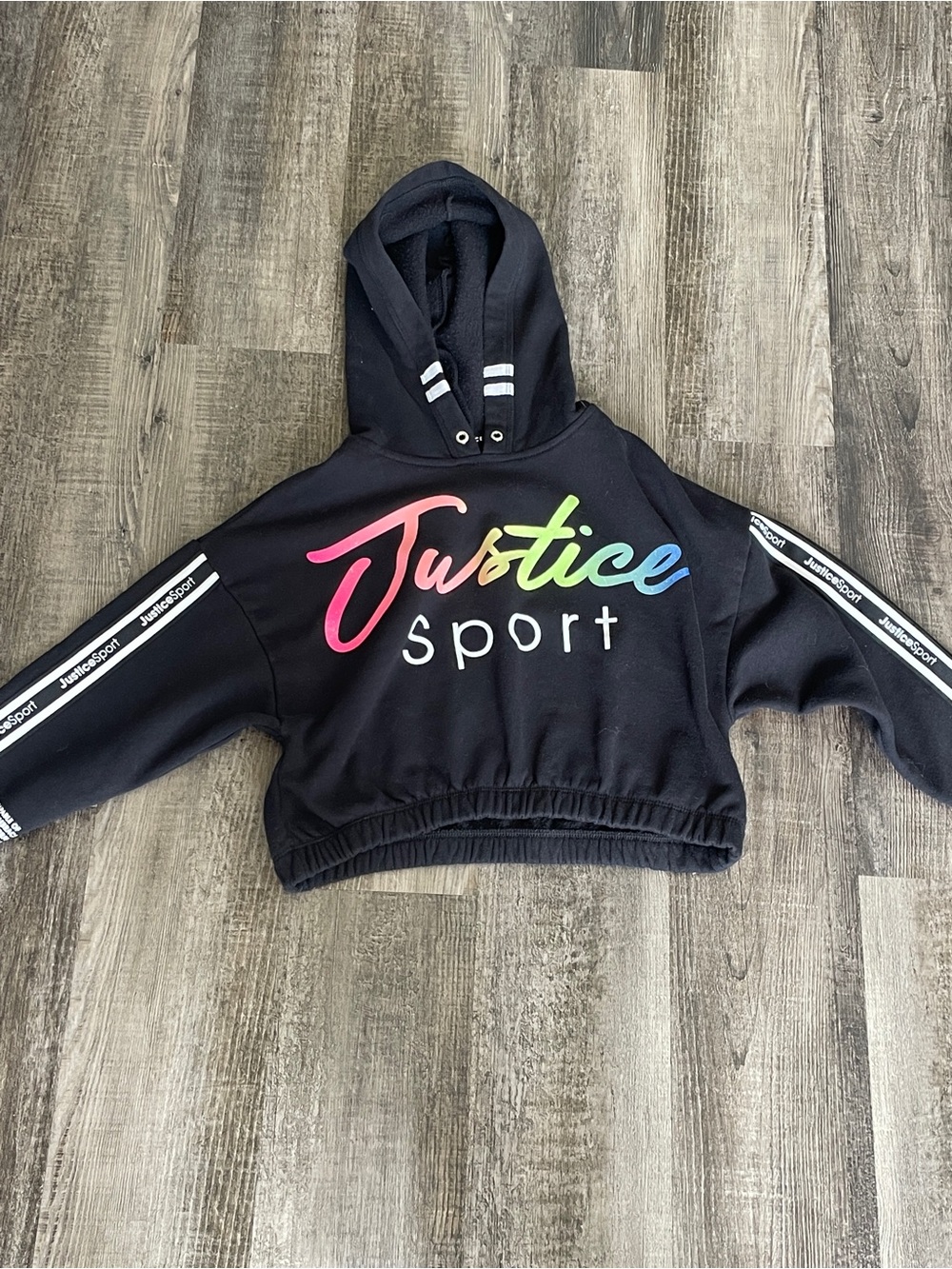 Justice Black Cropped Hoodie with Rainbow Script Logo